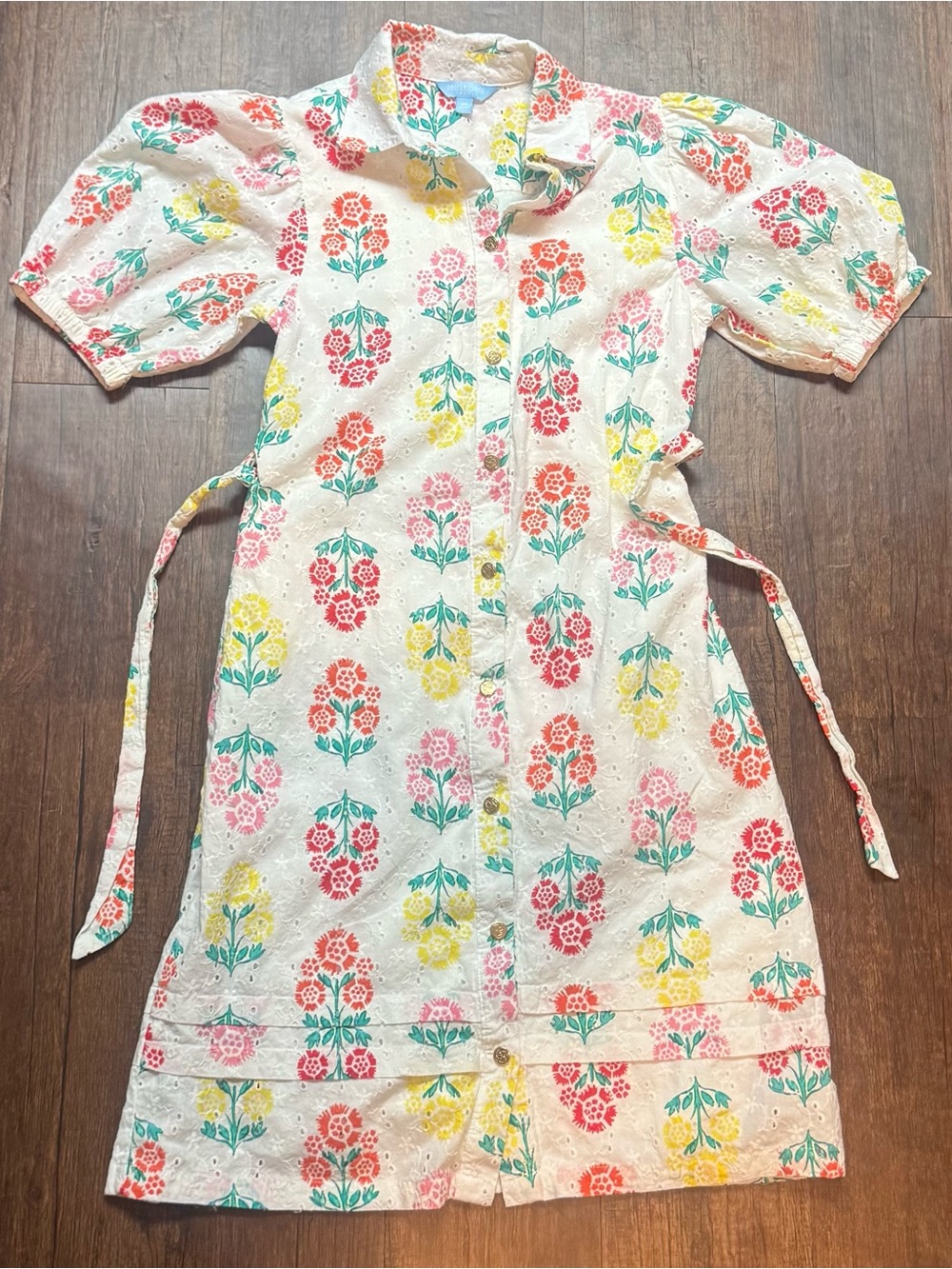 Draper James White Eyelet Shirt Dress with Pink, Red, Yellow & Teal Floral Print